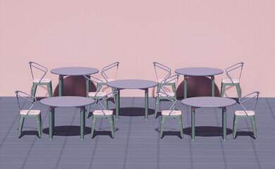 Exterior of outdoor cafe with pink, purple color. The shop has blank sign, table and chairs, coffee street cart. Coffee shop, front of classical style commercial.  3D render for creative social media.