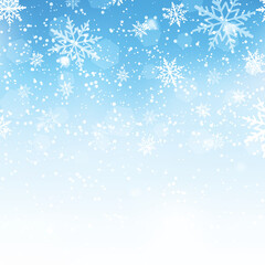 Naklejka na ściany i meble Winter snowfall and snowflakes on light blue background. Xmas and New Year background. Vector