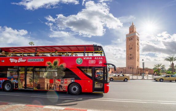 Marrakech, Morocco - April 29, 2019: Double decker red bus for tourists. Marrakech sightseeing tours, Morocco