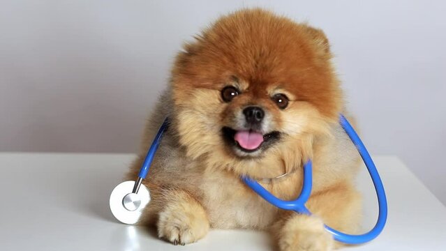 The veterinarian listens to the pomeranian through a phonendoscope in clinic