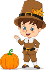 Cute little pilgrim boy cartoon with pumpkin   - obrazy, fototapety, plakaty