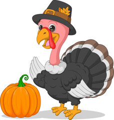 Cartoon happy turkey with pumpkin