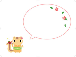 Fototapeta premium お雑煮を持つ着物姿のリス 吹き出し＋花の装飾付