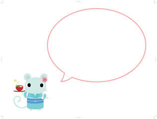 お雑煮を持つ着物姿のネズミ　吹き出し付