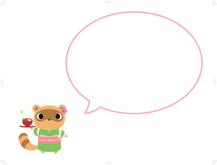 お雑煮を持つ着物姿のタヌキ　吹き出し付