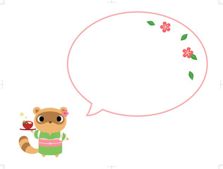 お雑煮を持つ着物姿のタヌキ　吹き出し＋花の装飾付