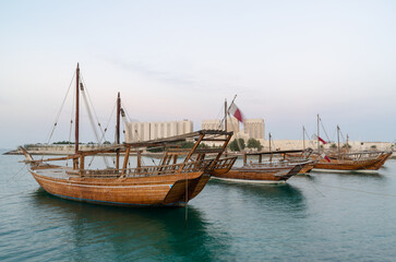 Traditional arabian dhows in Doha , Qatar, Middle East.