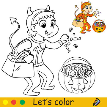 Kids coloring with template Halloween boy in a devil costume