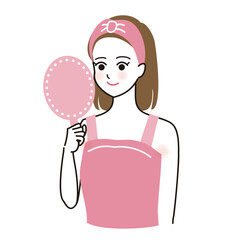 鏡を見て微笑む女性のベクターイラスト