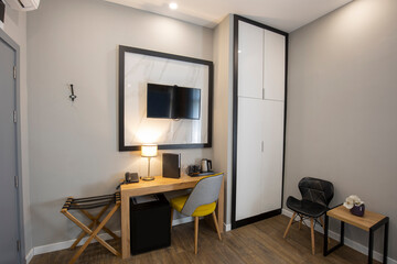 Hotel room interior, work table area