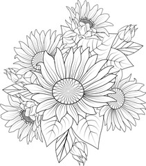 Set of decorative stylized outline sunflower isolated on white background. Highly detailed vector sketch illustration, doodling and zentangle style, tattoo design, bouquet of  floral coloring page.
