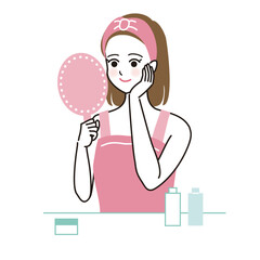 鏡を見ながらスキンケアをする女性のベクターイラスト