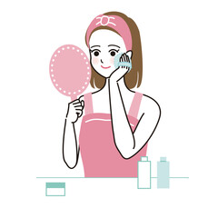 鏡を見ながら笑顔でスキンケアをする女性のベクターイラスト