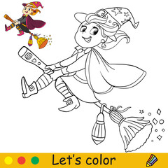 Kids coloring with template a Halloween witch on a broomstick