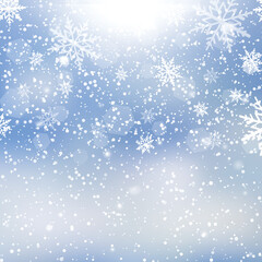 Fototapeta na wymiar Winter snowfall and snowflakes on light blue background. Xmas and New Year background. Vector