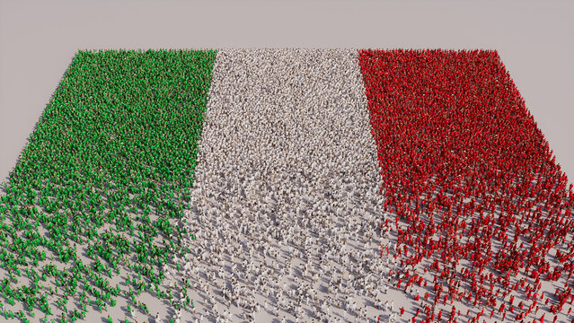 A Crowd of People congregating to form the Flag of Italy. Italian Banner on White.