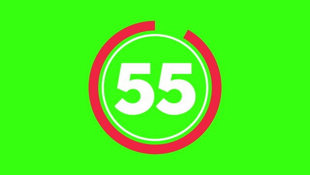 60 seconds (1 minute) countdown timer with animated red indicator on green screen. Circle shaped smooth animation. Red and white colour on chroma key background.
