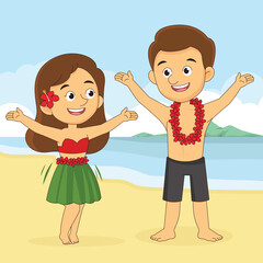 Hawaiian girl in grass skirt dancing and Man