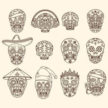 skull line art set for day of the dead