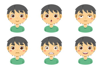 Collection of face expressions cute children cartoon character design. Different emotions boy Vector illustration. Face of smiling, crying, anger, surprise, indifferent isolated on white background.