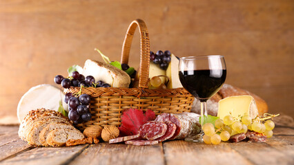 wicker basket with red wine glasse,  cheese and salami