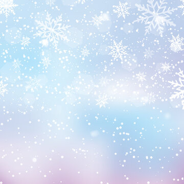 Winter snowfall and snowflakes on light blue background. Xmas and New Year background. Vector