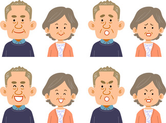 面長の男性と女性のシニア夫婦の表情のセット
