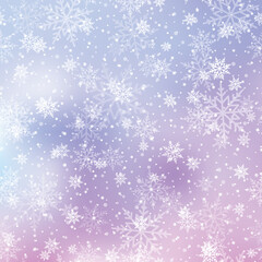 Winter snowfall and snowflakes on light blue background. Xmas and New Year background. Vector