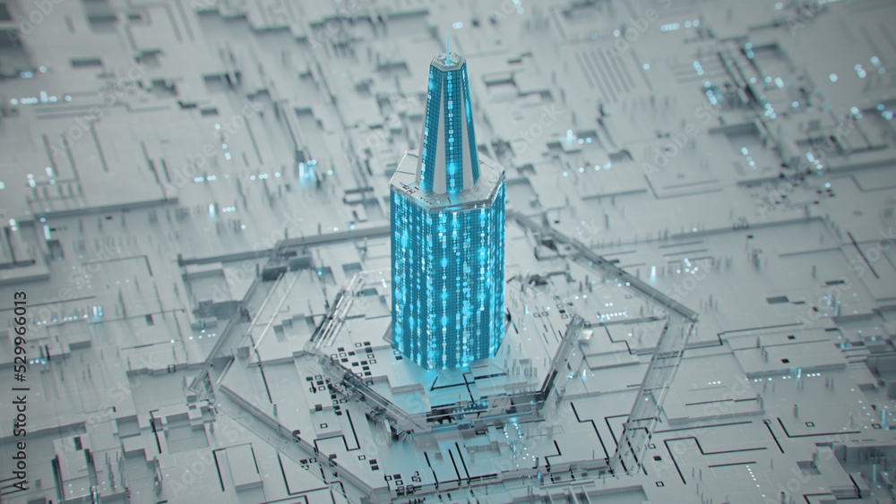 Poster tower made of glowing digital hex code 3d rendering illustration