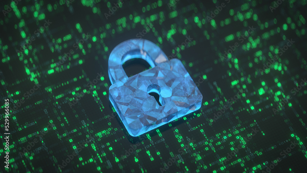 Poster padlock and secured digital code 3d render