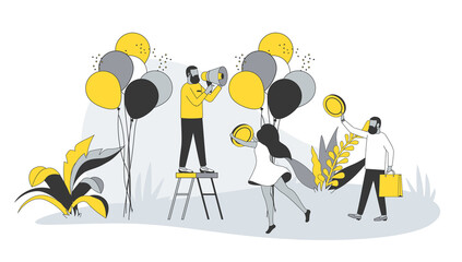 Advertising concept in flat design with people. Man with megaphone attracting customers, making success promo campaign and promote business. Illustration with character scene for web banner