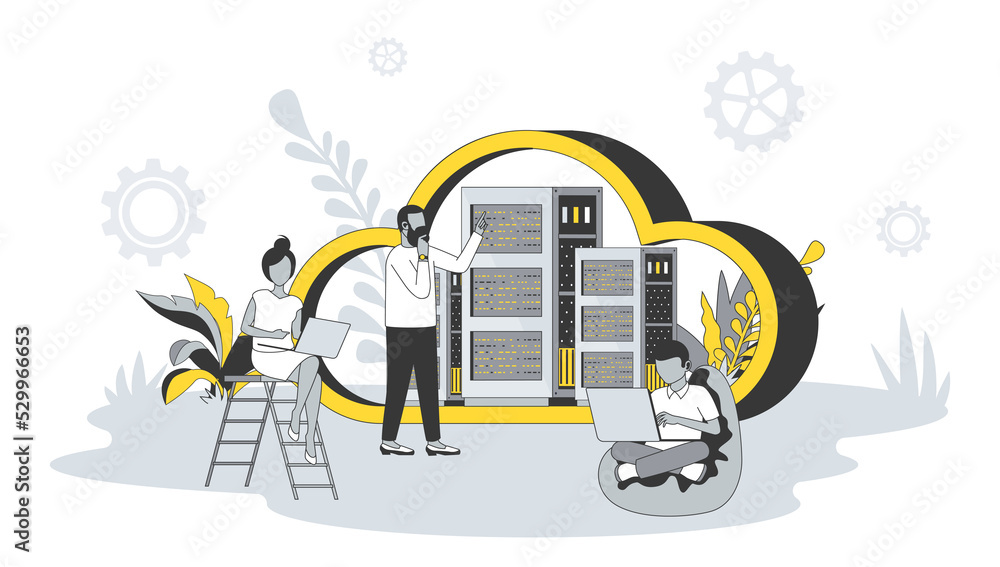 Aufkleber cloud computing concept in flat design with people. man and woman using laptops for downloading file