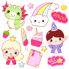 Set of kawaii fairy tale characters. Little princess, wizard, dragon, cupcake, ice cream, book, rainbow. Cute fairytale collection of funny happy baby characters. Vector illustration EPS8