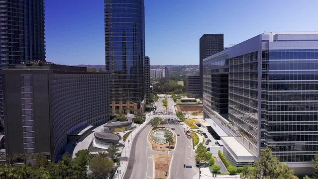 Low descending aerial shot over Avenue of the Stars in Century City, California. HD at 60 FPS