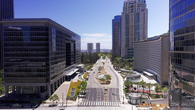 Low aerial shot flying over Avenue of the Stars in Century City, California. HD at 60 FPS.