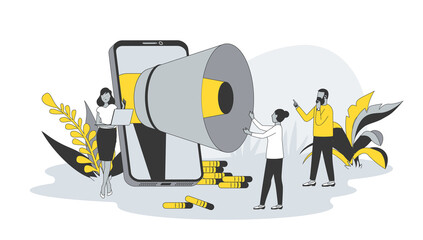 Marketing concept in flat design with people. Woman with megaphone making advertising campaign, attract new customers and convert into sales. Illustration with character scene for web banner