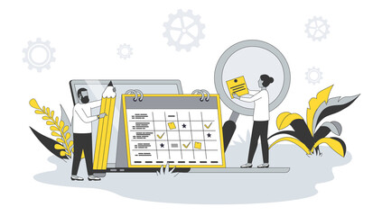 Planning concept in flat design with people. Man and woman schedule appointments on calendar, mark tasks on list and organize office workflow. Illustration with character scene for web banner