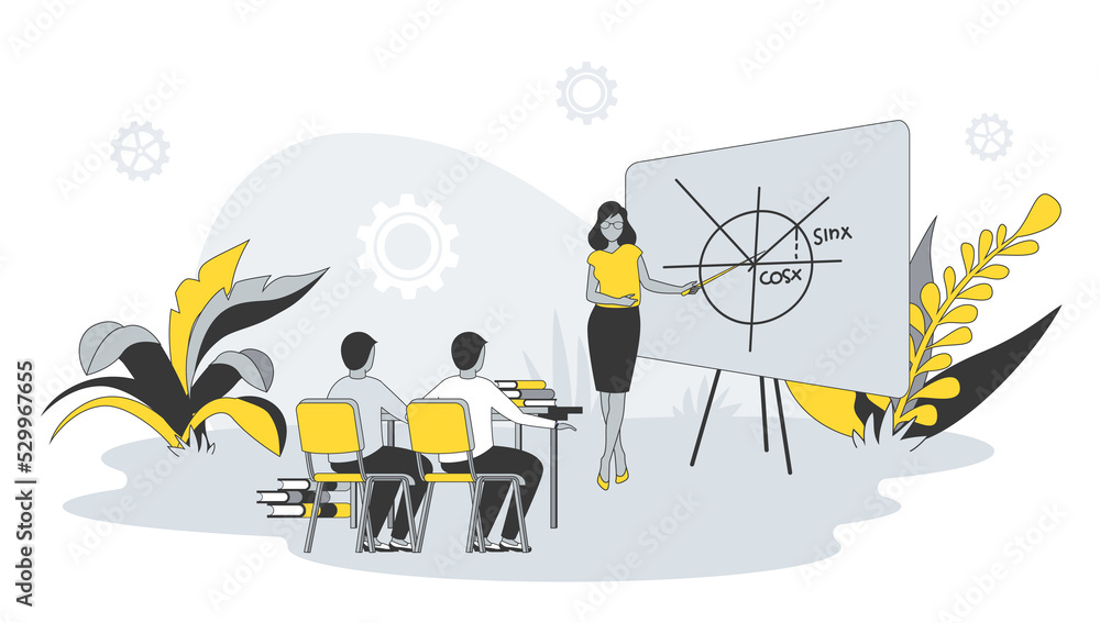 Leinwandbilder teaching concept in flat design with people. woman teacher explain lesson and showing on blackboard,