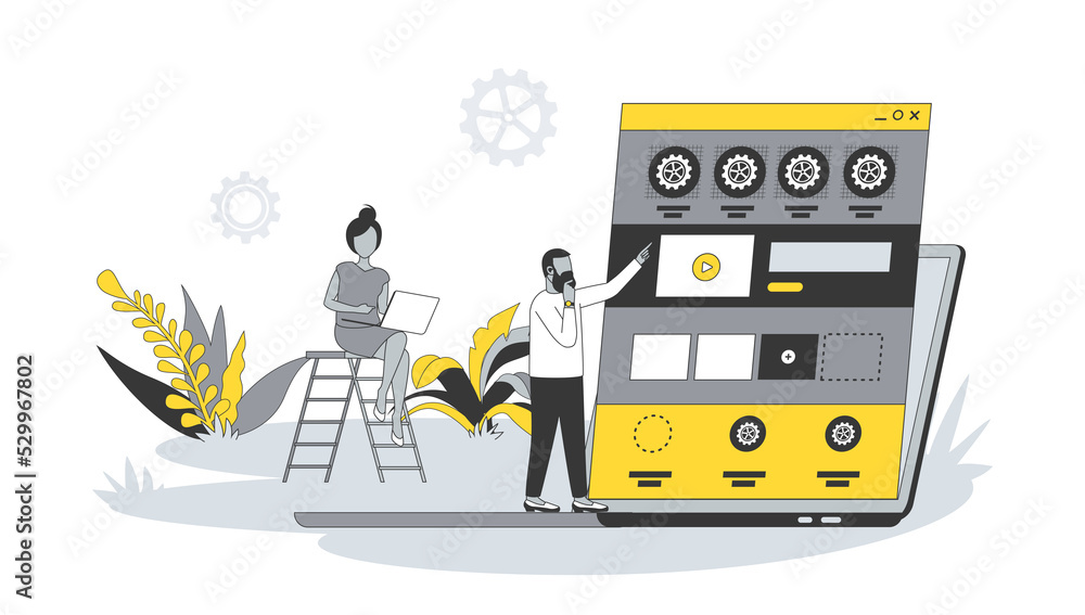 Aufkleber web development concept in flat design with people. man and women create site layout, place blocks w