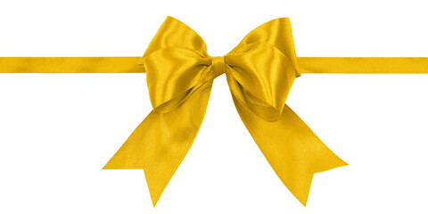 Shiny golden yellow satin ribbon with bow isolated on a transparent background.