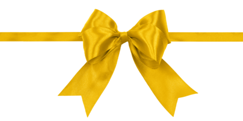 Shiny golden yellow satin ribbon with bow isolated on a transparent background.