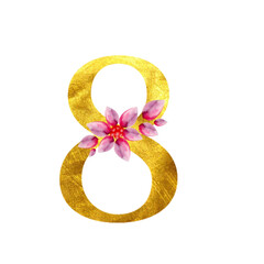 Gold metallic number, textured date design, botanical  watercolor floral painting,  
textured graphic design element,  wedding or birthday invitation card.