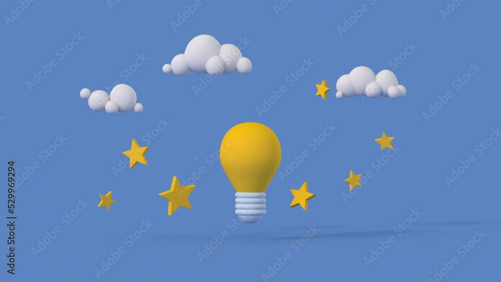 Poster minimal cartoon style light bulb. idea and creativity concept. 3d render animation