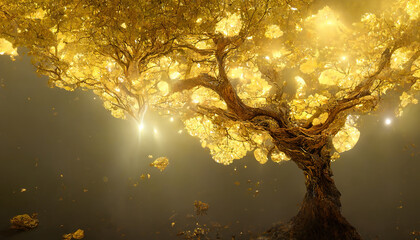 Golden tree fantasy illustration. Beautiful abstract background