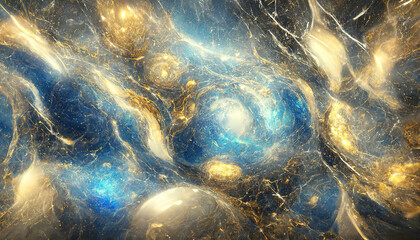 Abstract luxury marble background. Digital art marbling texture. Blue, gold and white colors 