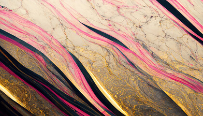 Abstract luxury marble background. Modern digital painting. Gold, black and pink colors
