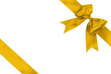 Shiny golden yellow satin ribbon with bow isolated on a transparent background.