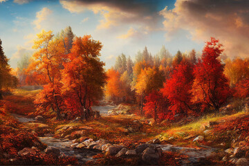 Fototapeta na wymiar Painted autumn forest with beautiful scenery landscape