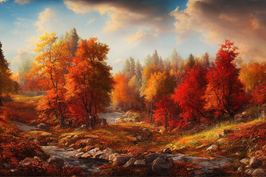 Painted autumn forest with beautiful scenery landscape