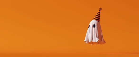 Rolgordijnen Halloween ghost with party hat on orange background. 3d rendering © aanbetta